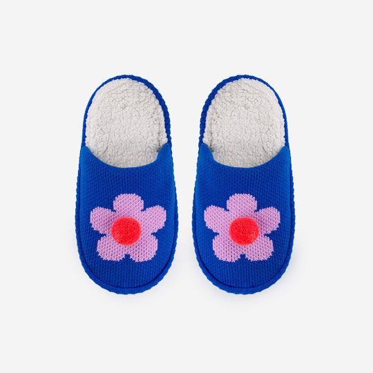 Flower Pom Slide Slippers Cobalt