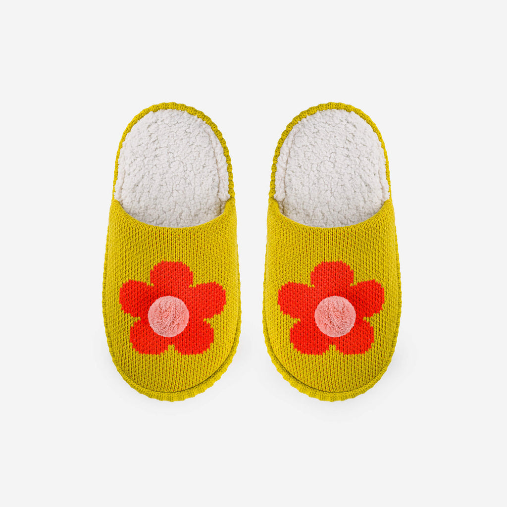 Flower Pom Slide Slippers Golden Olive