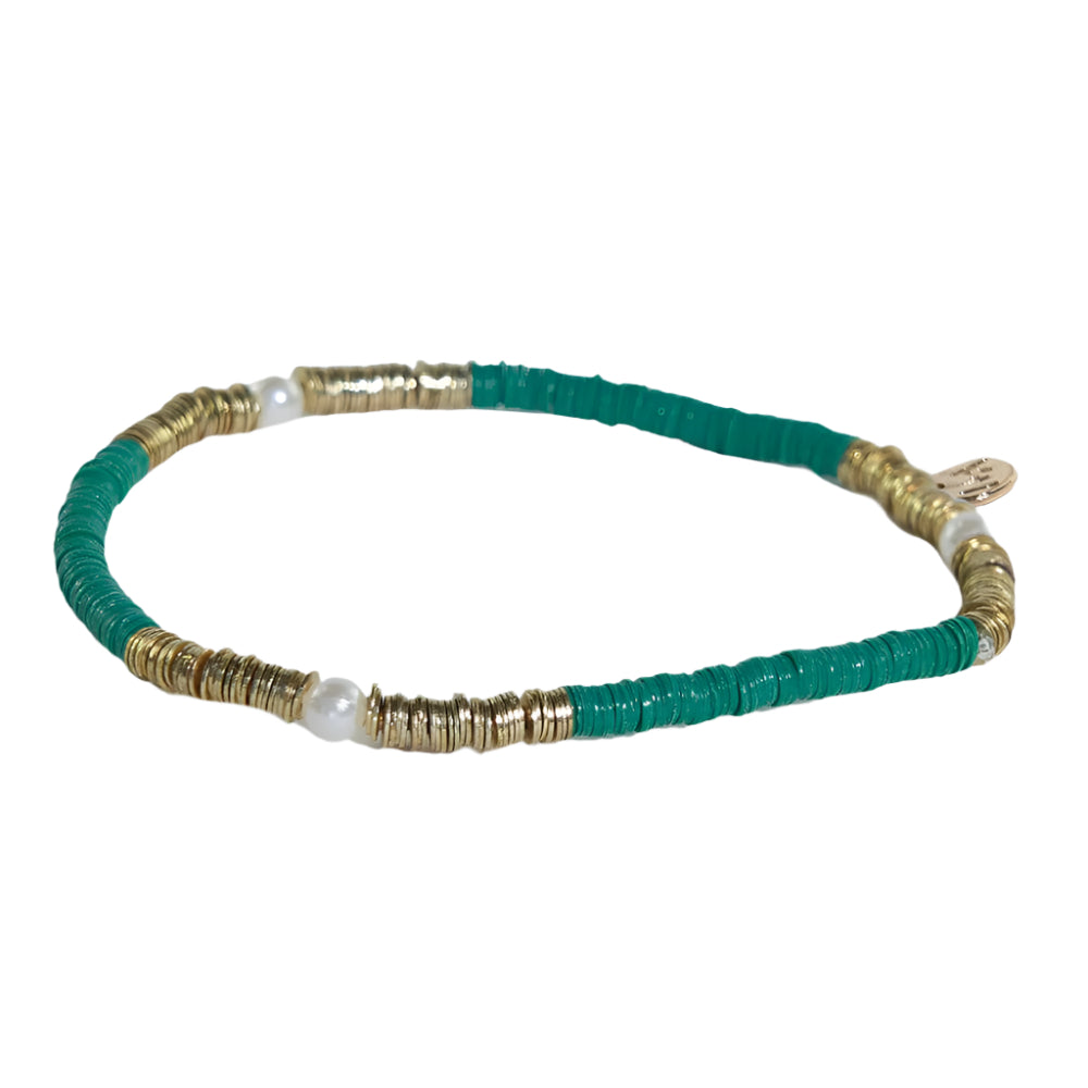 stacked sequin bracelet in gold and grean with pearls and a tiny charm