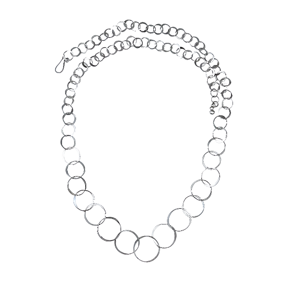 A sterling silver necklace with graduated hand hammered wire circles, featuring a s clasp closure.