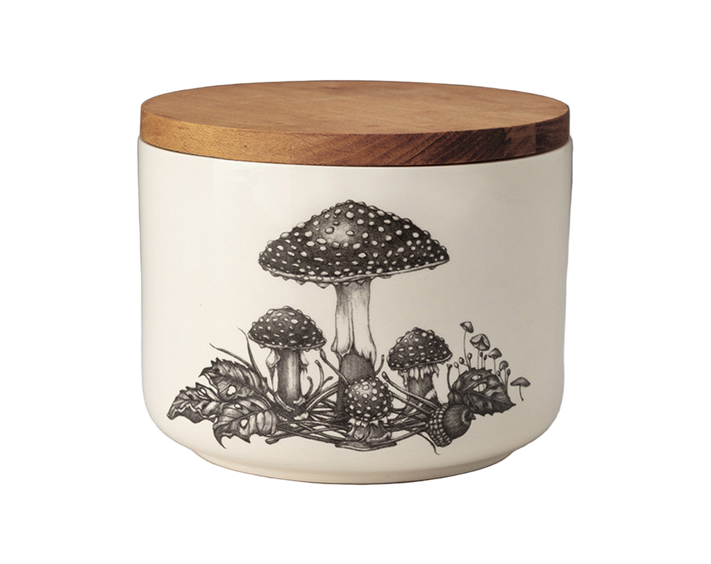 Ceramic container with wooden lid featuring illustrations of mushrooms on a white background