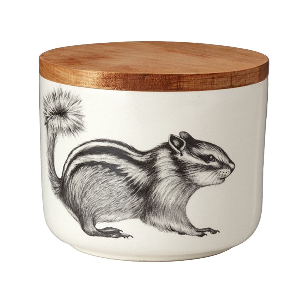 Ceramic container with a wooden lid featuring an illustration of a chipmunk on a gray background