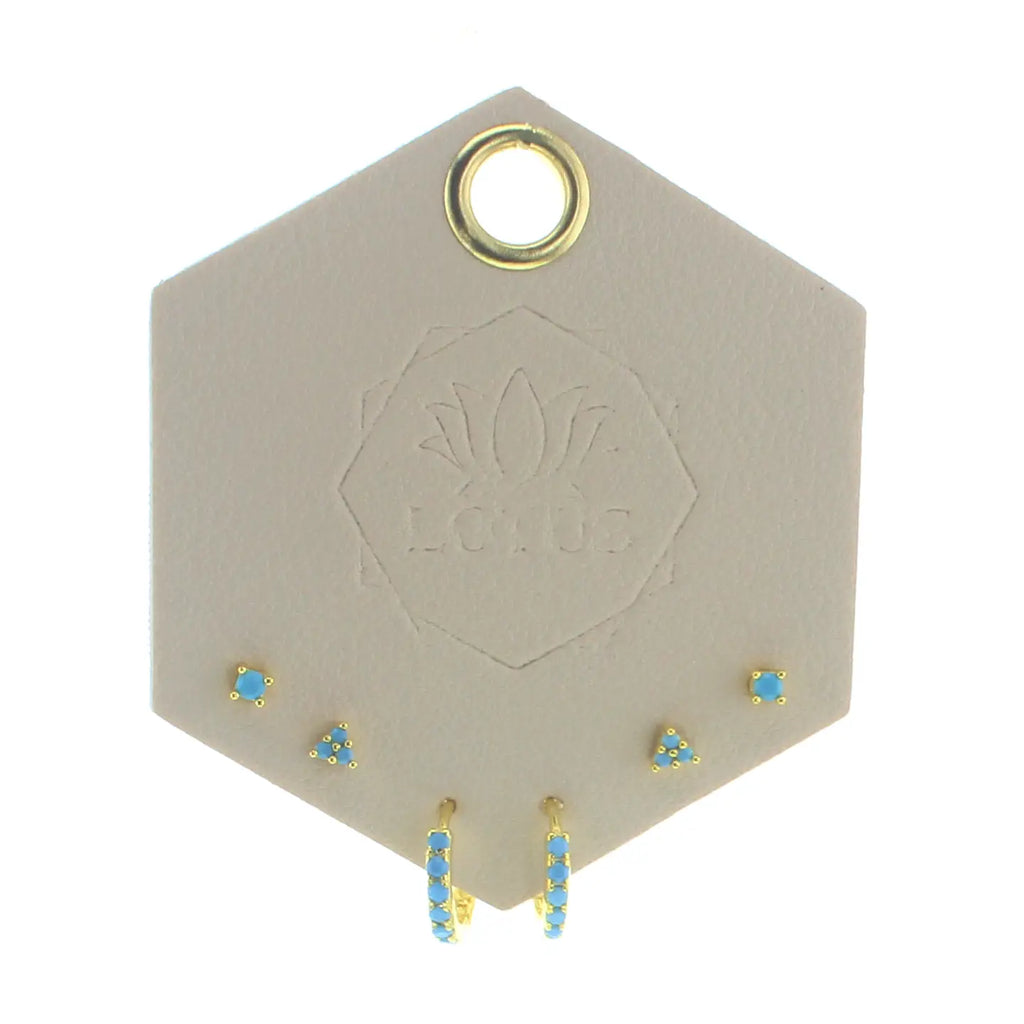 Hexagonal earring display card with earrings on a white background