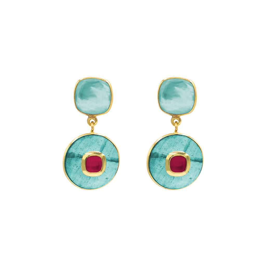 Pair of earrings with turquoise and red gemstones on a white background
