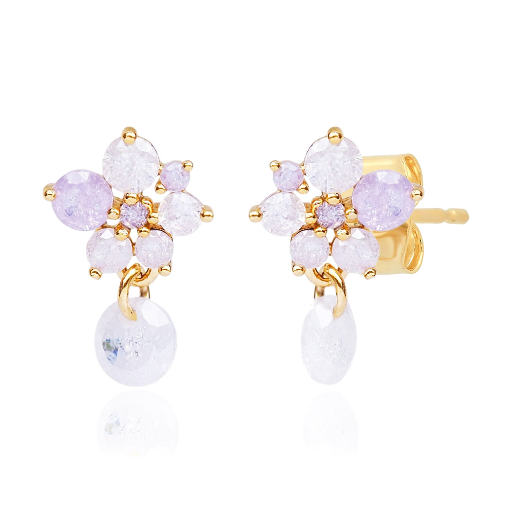 Pair of gold earrings with purple and white stones on a white background