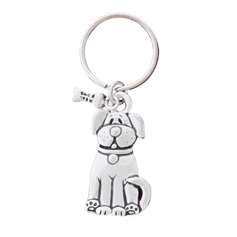 silver dog keychain with dog bone charm 