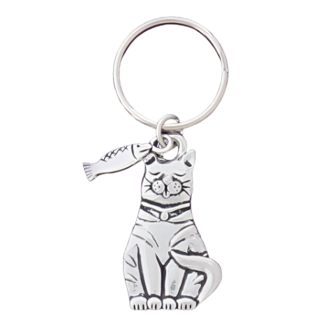 silver keychain with cat and fish charm