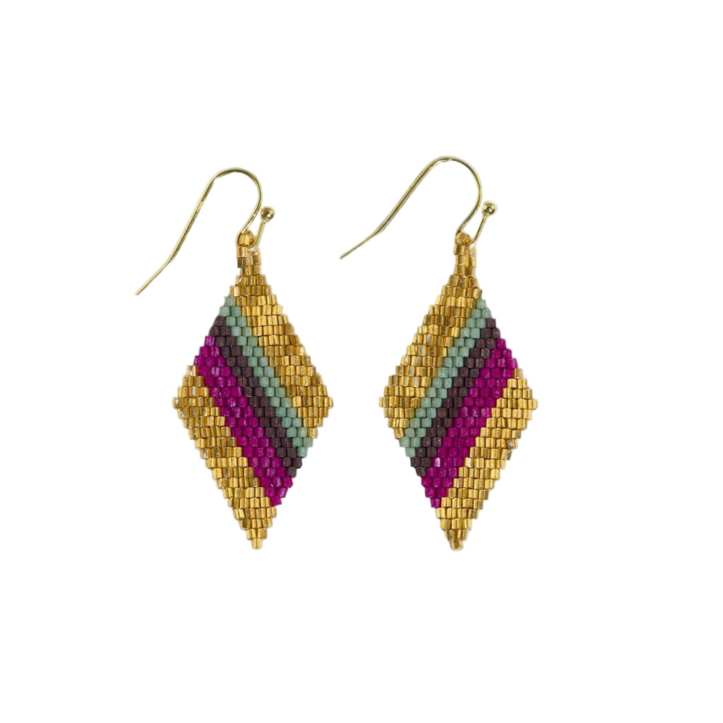 Pair of geometric earrings with gold, purple, and green pattern on a white background
