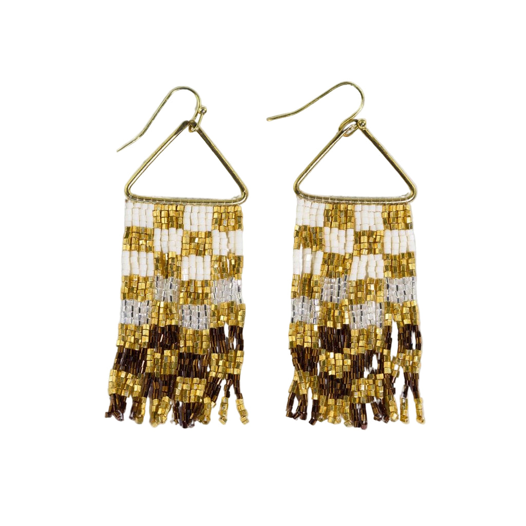 Pair of beaded earrings with gold, white, and brown fringes on a white background