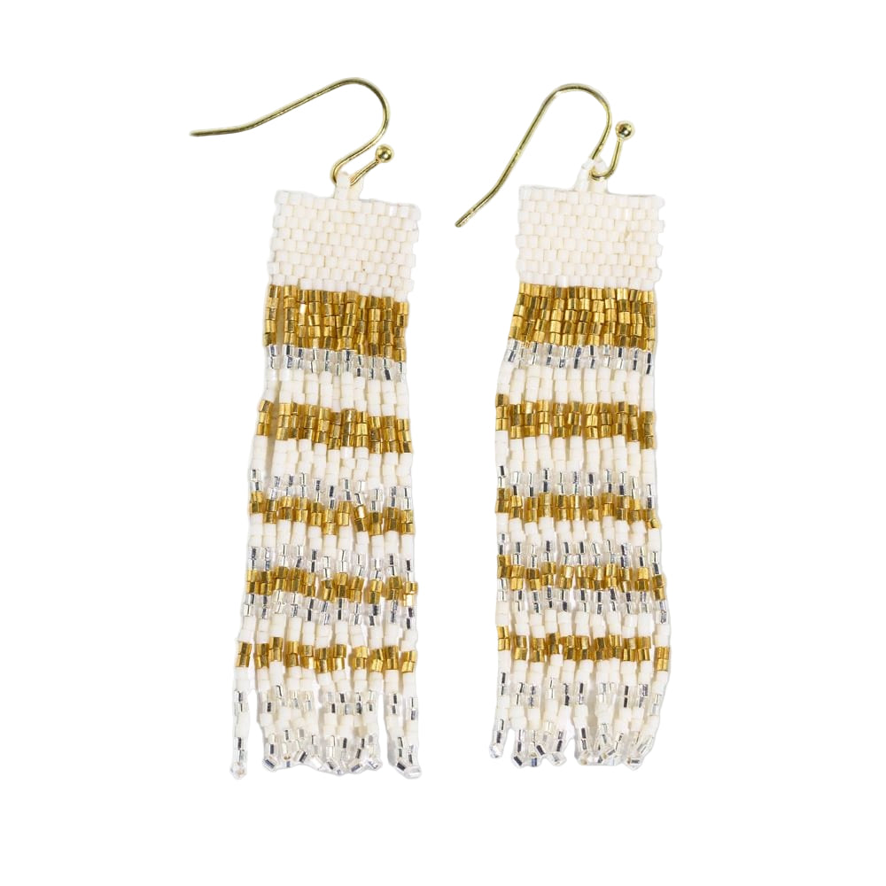 Pair of beaded earrings with gold and white stripes on a white background
