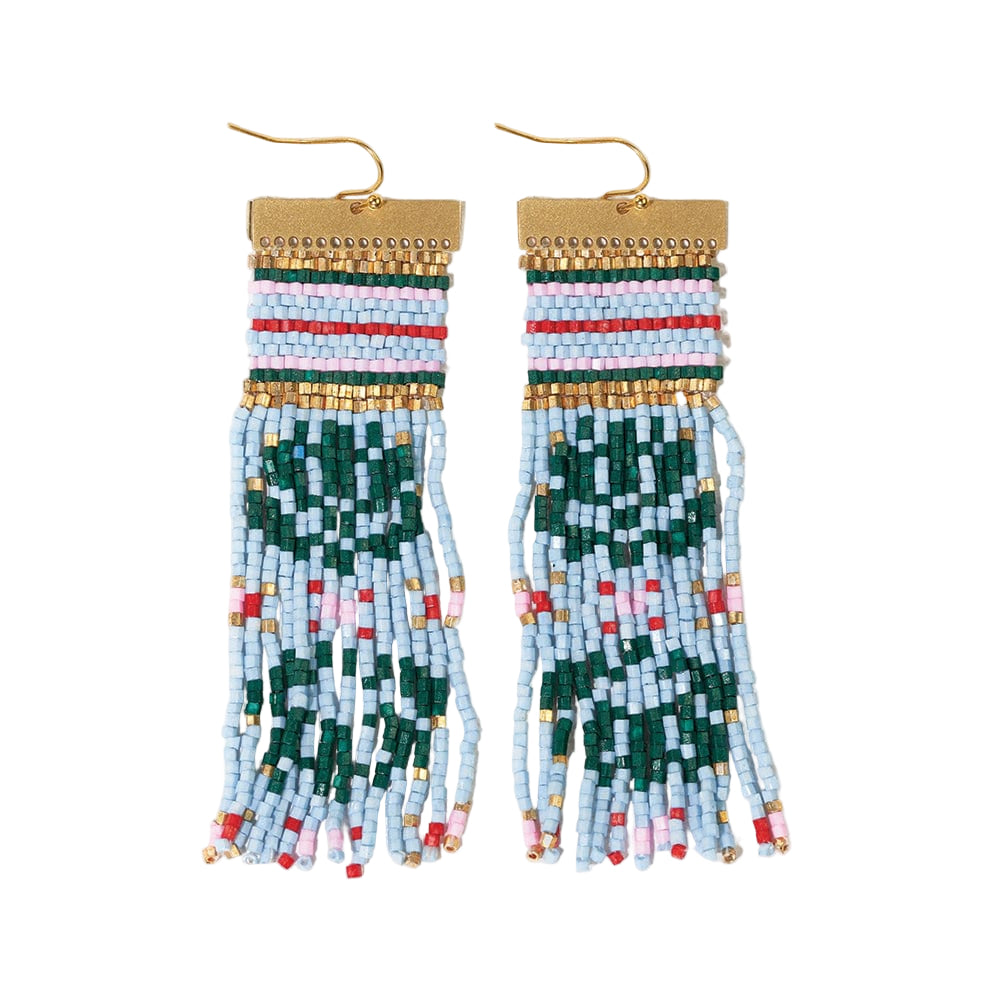 Beaded earrings with colorful patterns on a white background
