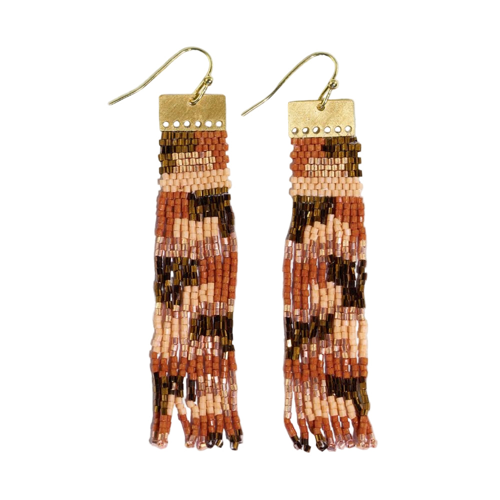 Beaded earrings with a geometric pattern on a white background