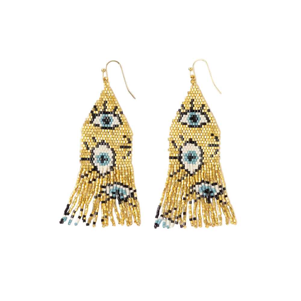 Pair of gold beaded earrings with eye design on a white background