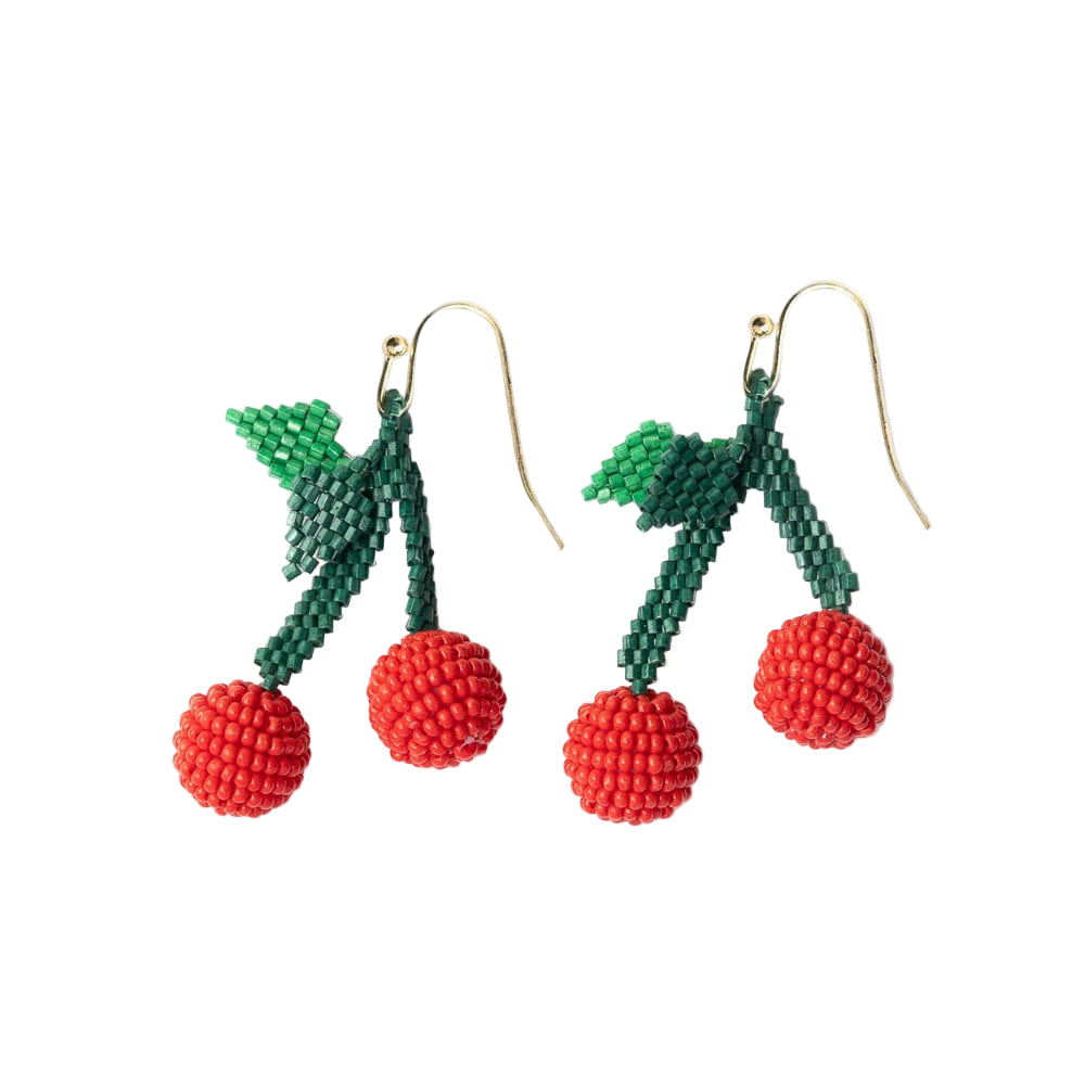 Pair of beaded cherry earrings on a white background