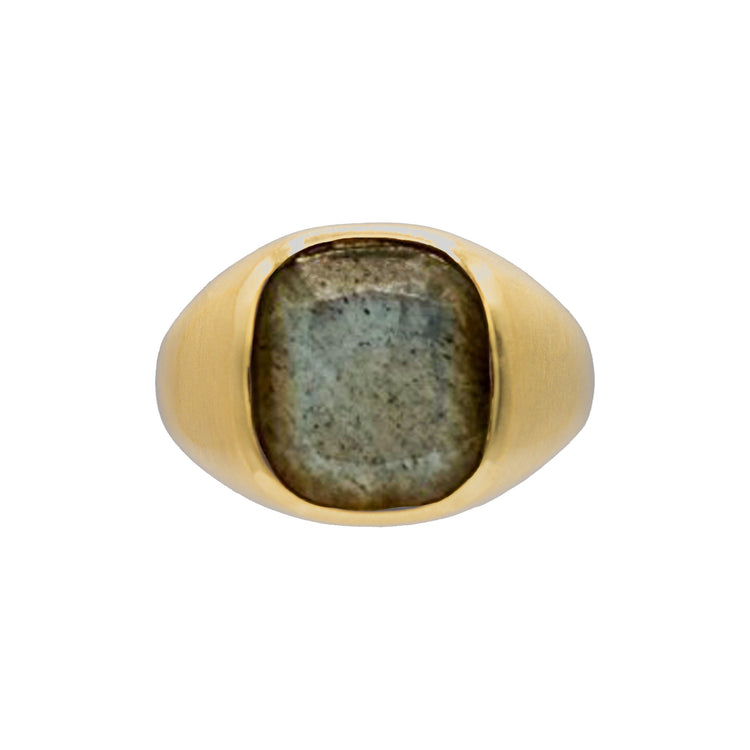 Gold ring with a stone inlay on a white background