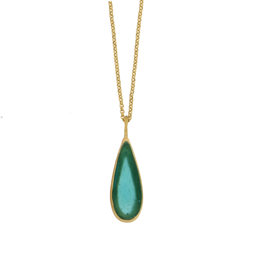 A gold-plated chain necklace with a bronze tear drop-shaped pendant.