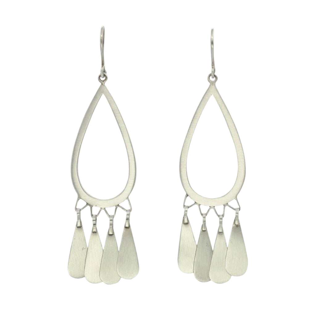 Teardrop-shaped earrings with hanging teardrop pendants on a white background