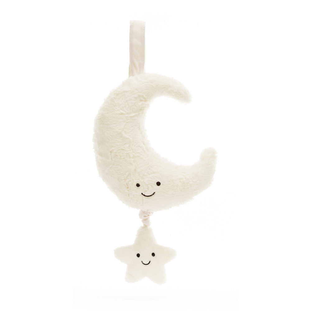 plush smiling white moon with soft hanger and smiling star to pull for music