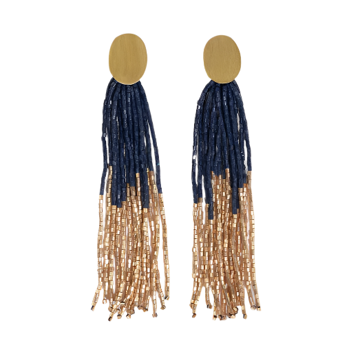 Mae Oval Brass Post 2-Color Beaded Tassel Earrings Navy