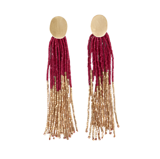 Mae Oval Brass Post 2-Color Beaded Tassel Earrings in red