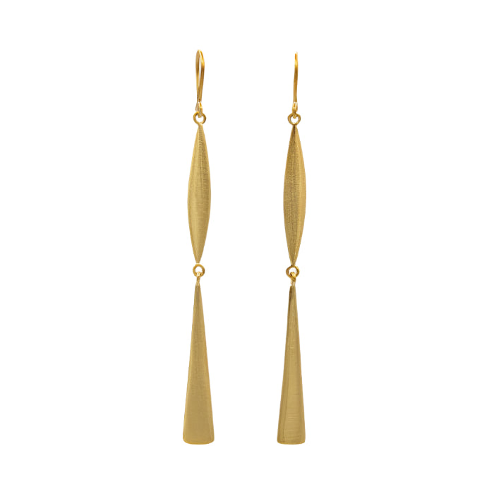 A pair of gold-plated marquise and triangle slinky drop earrings with a 3-inch drop and hooks.