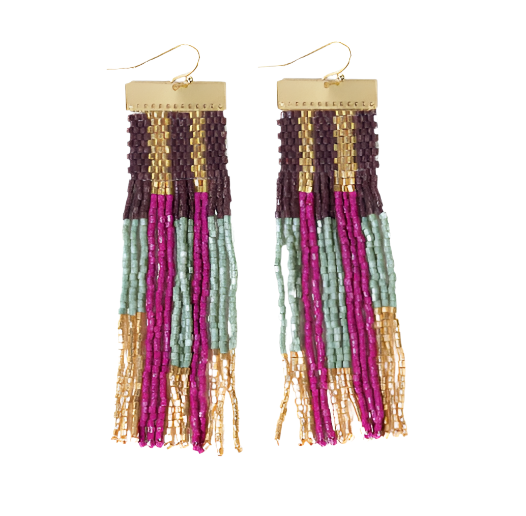 Mckenzie Brass Bar Long Fringe Earrings in ember gold and mint