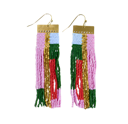 Mckenzie_Brass_Bar_Long_Fringe_Earrings_ in pink and olive