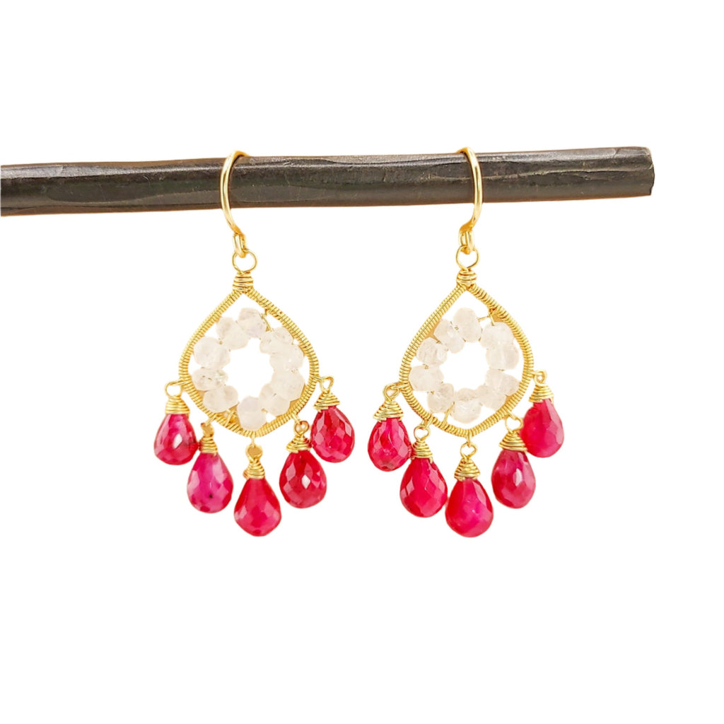 Moonstone & Ruby Woven Circle Drop Earrings