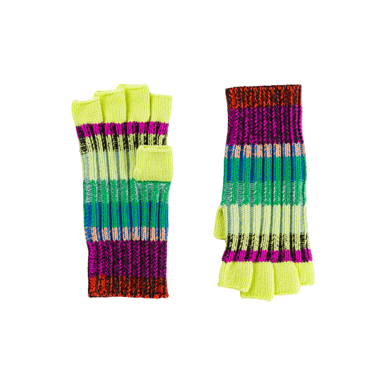 Colorful soft acrylic striped fingerless gloves on a white background
