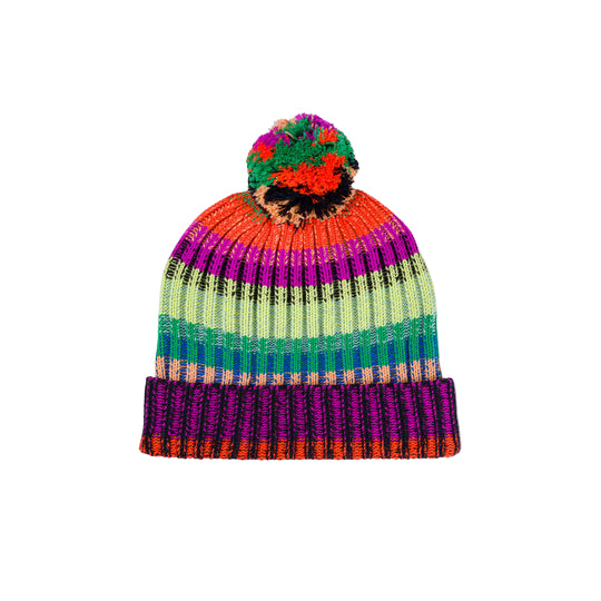 Colorful striped beanie in lime green and fuschia with a pom-pom on a white background