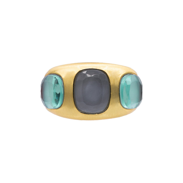 Gold ring with three colored stones on a white background