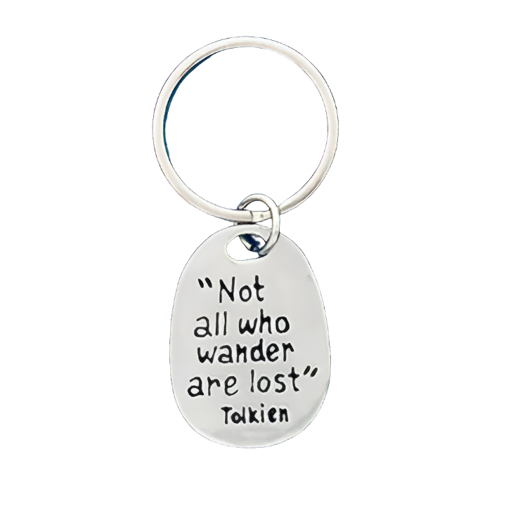 Not All Who Wander Are Lost Key Chain in silver on white background