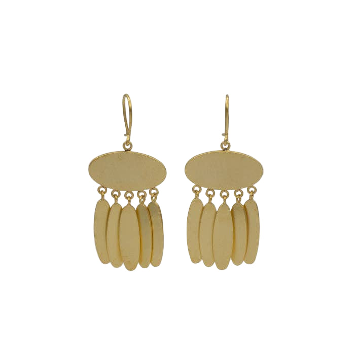 Gold earrings with dangling loops on a light gray background