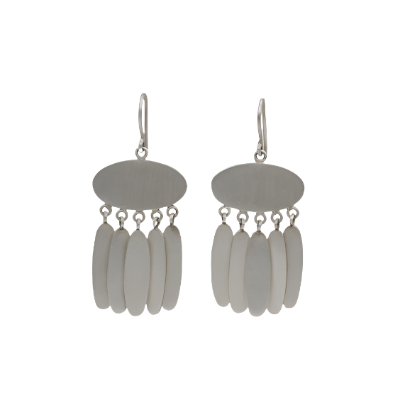 A pair of sterling silver oval drop earrings with fringe dangles and French ear wires.