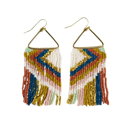 Paige Ascending Blocks Beaded Fringe Earrings in desert front view