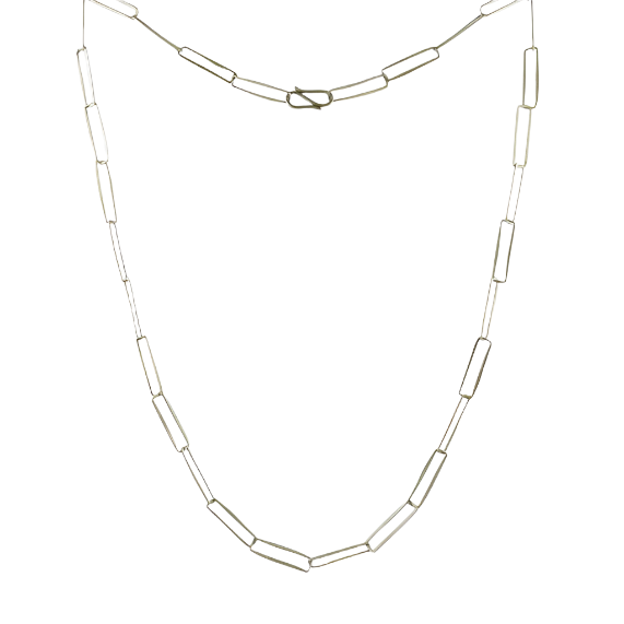 A sterling silver necklace with a geometric pattern of hand-hammered wire rectangles linked together, showing a lightweight and refined chain.