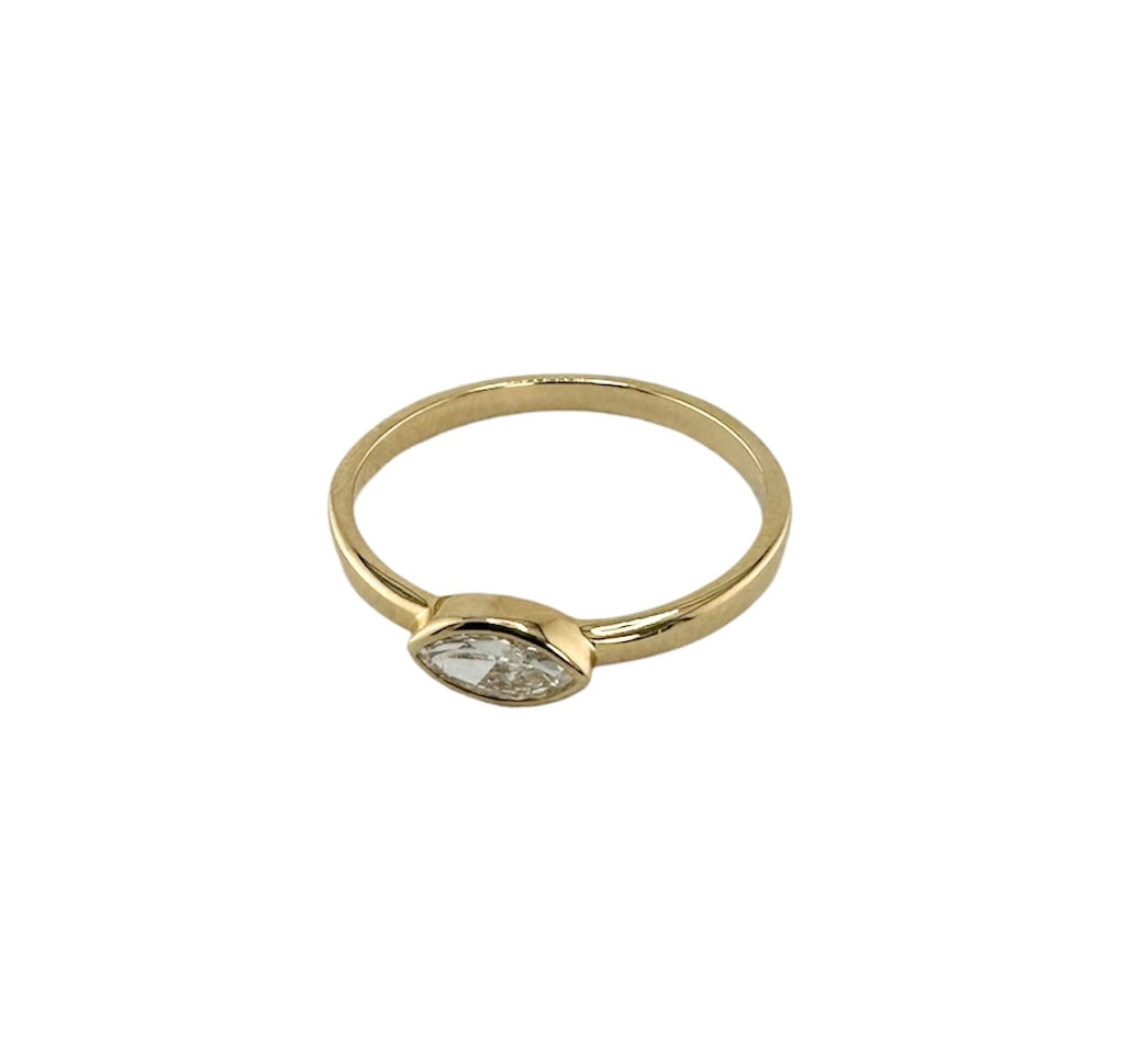 Polished 2mm band w. 6mm marquis diamond 14k gold ring