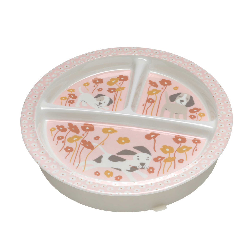 Children's plate with puppy and flower design on a white background