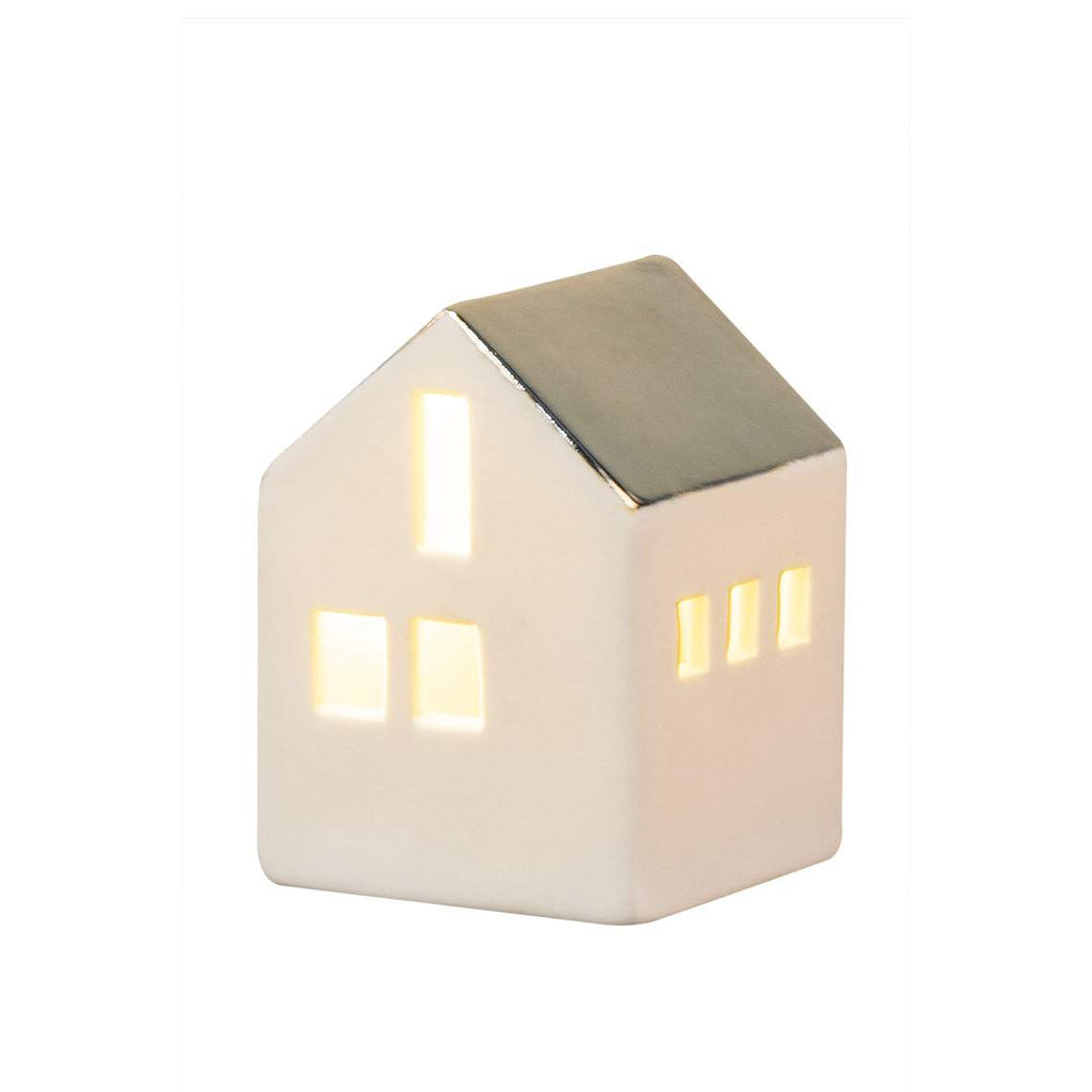 Small house-shaped light with a metallic roof on a white background