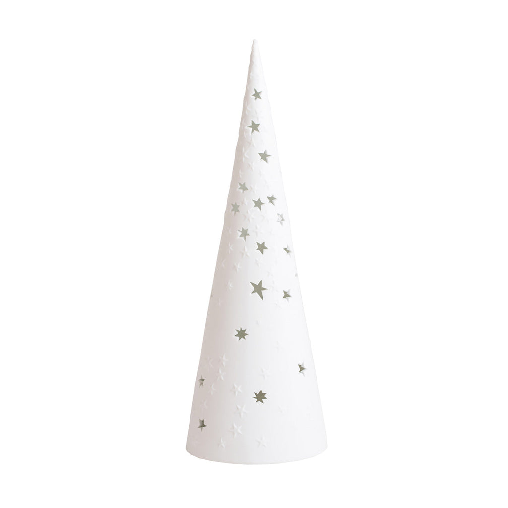 White cone-shaped decorative tree with star patterns on a white background