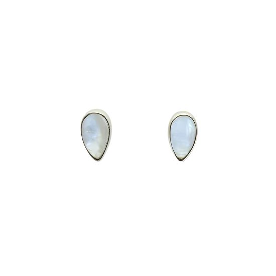 A pair of silver teardrop stud earrings with a rainbow moonstone centerpiece.