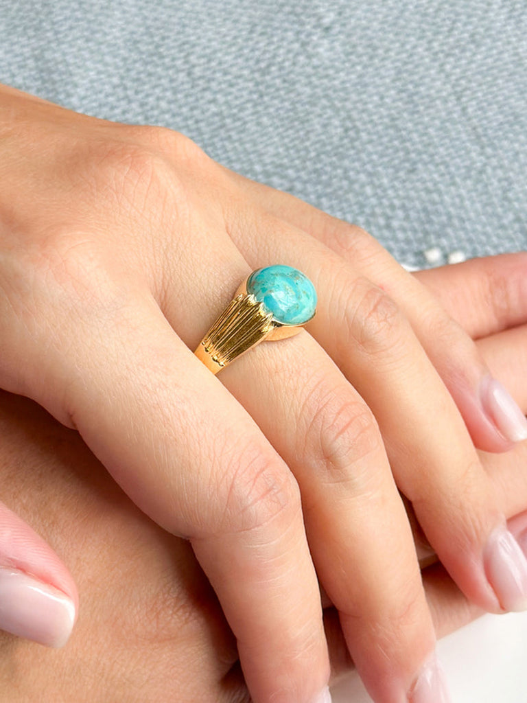 vermeil signet style ring  with deco design and oval turquoise stone on hand