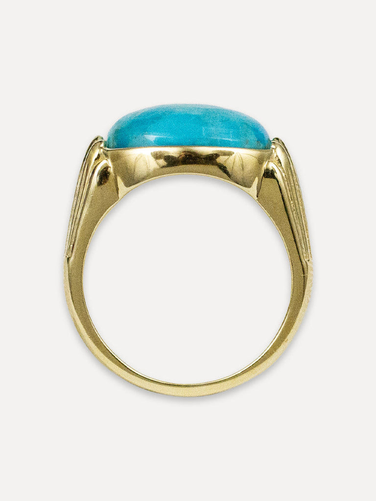 vermeil signet style ring  with deco design and oval turquoise stone upright view
