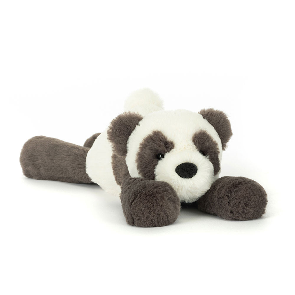 floppy grey and white panda lying down