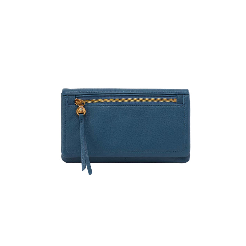Blue wallet with a strap on a light gray background