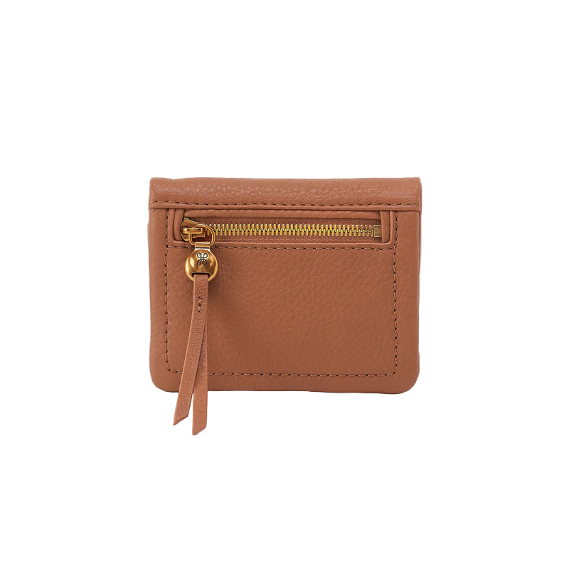 Brown leather wallet with a gold zipper on a white background