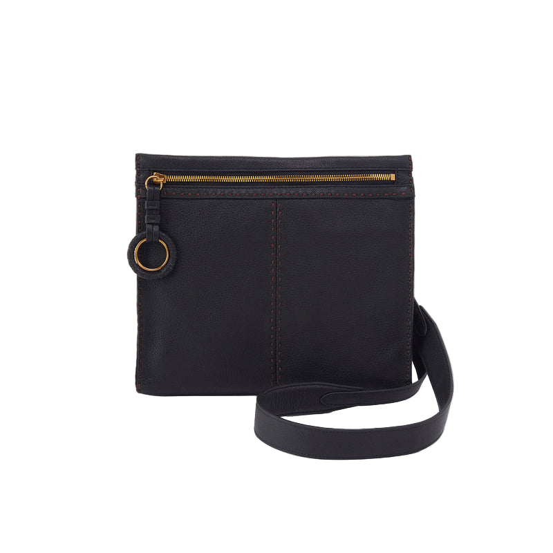 Black leather crossbody bag with gold zipper on a white background