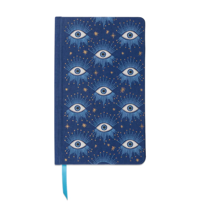 Blue notebook with eye pattern on a white background