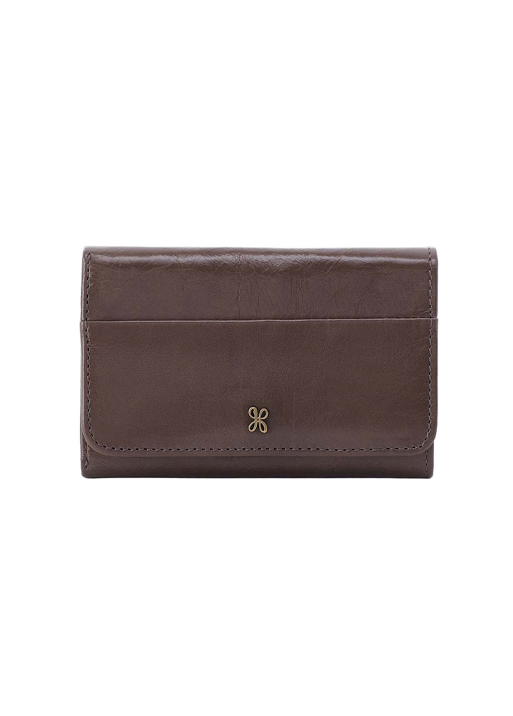 Brown leather wallet with a brand logo on a white background