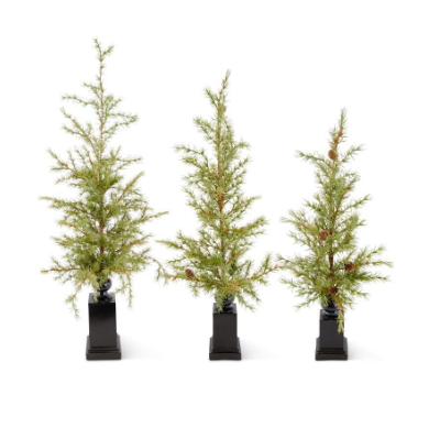 3 pine trees with mini pinecones on black resin